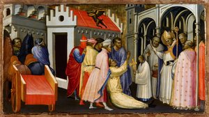 São Hugh de Avalon (1140-1200) ou São Hugh de Lincoln Exorciza um Homem Possuído pelo Diabo - Pintura de Gherardo Starnina (c. 1364-1413) - 1404-1407 - Tempera em painel - 28,4x50,4 -
