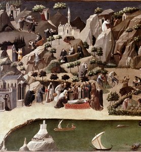 O Detalhe de Thebaide of the Hermits. Descrição da vida dos eremitas no deserto. Detrempe sobre madeira atribuída a Gherardo Starnina (século XIV-15). 1400 aproximadamente Dim. 2x0,8 m Florença, galeria degli uffizi (Escritórios)