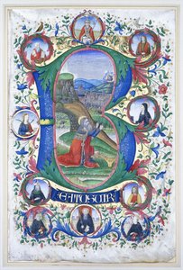 Rei Davi em oração dentro de um "B" inicial muito grande, cercado por dez grandes rodelas, cada uma contendo o retrato de um santo, c.1500 de Gherardo di Giovanni del Fora