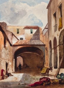 Passagem e rua com figuras, com acréscimos de um aluno Borbone, possivelmente do príncipe Alfonso Maria di Borbone (1841-1934), 1853 (lápis, wc e guache sobre papel)