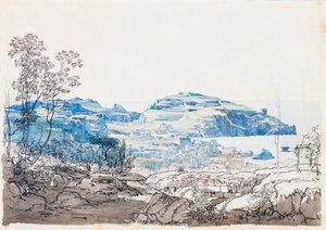Vista de Ischia (Lacco Ameno), c. 1845 (lápis, caneta e aquarela) de Giacinto Gigante