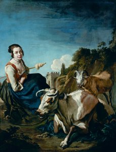Uma menina com uma vaca e uma ovelha em uma paisagem rochosa, c.1700 (óleo sobre tela)