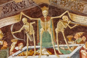 A morte num sarcófago onde jazem o Papa morto e o Imperador, detalhe do Triunfo da Morte e da Dança da Morte