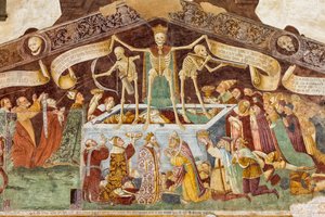 Morte em pé em um sarcófago onde o Papa morto e o Imperador jazem, detalhe do Triunfo da Morte e Dança da Morte