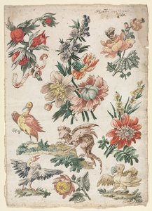 Desenhos florais com pássaros e grifos