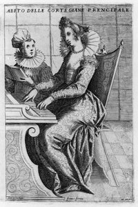 Uma cortesã de vestido elegante a tocar piano. Gravura de Giacomo Franco (1550-1620) de "Veneza, usos e costumes", cerca de 1597.