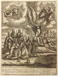 Alegoria de Santa Liga de 1571 estipulada pelo Papa Pio V, Filipe de Espanha e Doge de Veneza Alvise Mocenigo, gravura de Giacomo Franco (1556-1620)