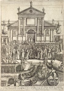 O Doge e a sua comitiva a ouvir a véspera no dia de Natal na Igreja de San Giorgio Maggiore em Veneza