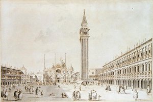 Vista da Piazza San Marco olhando para a Basílica e Campanile (caneta e tinta com lavagem em papel)
