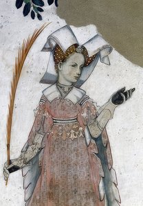 Representação dos margraves de Saluzzo e seu consorte como heróis e heroínas históricos e mitológicos. Detalhe: Marguerite de Roussy, esposa de Tommaso III. como Teuca. 1418-30 de Giacomo Jaquerio