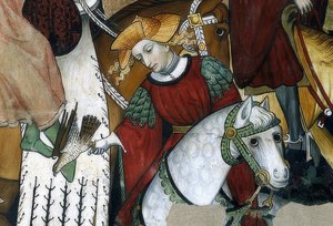 A fonte da juventude. Detalhe: um falcoeiro com seu pássaro. 1418-30 de Giacomo Jaquerio