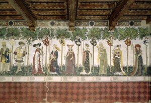 Os nove dignos e as nove mulheres dignas, detalhe de Carlos Magno, Godfrey de Caldo, Delphine, Iynoppe, Hipólito, Menalyppe, Semiramis, Lampeto e Tamyris, 1418-30.