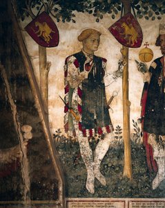 Valerano e Tomás III de Saluzzo, detalhe dos frescos do Salão Baronial, c.1410-1430 (fresco) de Giacomo Jaquerio