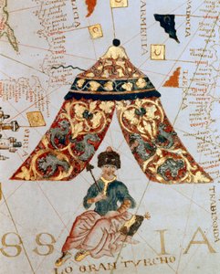 Detalhe de um mapa do cartógrafo Giacomo de Maggiolo retratando o Sultão Soliman (Suleyman) Eu disse o magnífico (1520-1566) chamado "O Grande Turco". Miniatura. Museu Naval, Genes