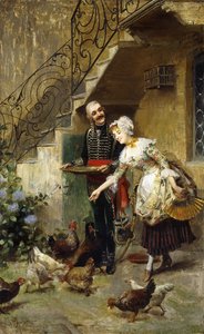 Um elegante casal alimentando galinhas em um pátio,