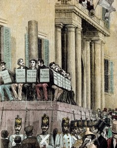Risorgimento: "membros do movimento Giovine Italia (incluindo Carlo Cattaneo (1801-1869), Tinelli, Danzi, Bussi) sentados em frente ao Palácio da Justiça em Milão, ouvindo a sentença que os condenava ao exílio em 1848" 1884 Litografia de Manteg
