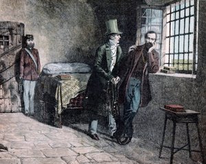 Risorgimento: "o patriota italiano Giuseppe Mazzini (1805-1872) preso em Savona em 1830 encontra seu pai que o impele a deixar os estados sardos" Gravura de Giacomo Mantegazza (1853-1920) 1884 Coleção privada