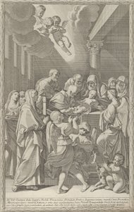 A circuncisão de Cristo, um grupo de homens, mulheres e anjos que o cercam, os tu..., 1687-1717. de Giacomo Maria Giovannini