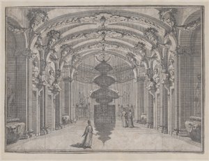 Cena teatral em grande salão com teto abobadado e escultura central, ..., ca. 1687-1717. de Giacomo Maria Giovannini