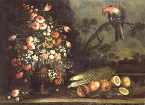 Natureza morta, flores mistas, legumes e papagaio de Giacomo Nani