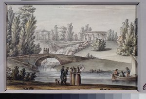 O Templo de Apollo e a Cascata no Parque de Pavlovsk (São Petersburgo). Trabalho de Giacomo Antonio Domenico Quarenghi (1744-1817), tinta e aguarela sobre papel, cerca de 1800. Arte italiana