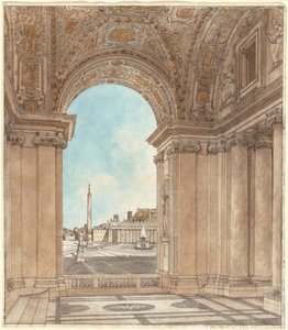 A praça de São Pedro vista através de um arco da Basílica