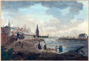 Vista do Kremlin de Moscou tirada da ponte de pedra sobre o Moscovo (Moskva ou Moskwa). Obra de Giacomo Antonio Domenico Quarenghi (1744-1817), aquarela e tinta sobre papel, por volta de 1790. Arte italiana