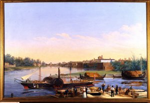 Vista do porto de Pavia (Pavia) no Pó e o barco a vapor Principessa Clementina””””” Pintura de Giacomo Trecourt (1812-1882) Século XIX