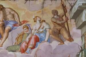 Ceres (deusa da colheita com um feixe de espigas) e Diana (deusa da caça com o arco), detalhe da Sala do Olimpo, c.1557 (fresco)