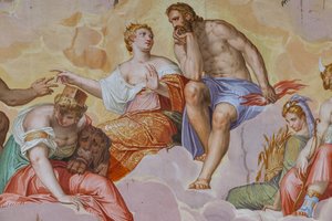 Juno, Júpiter, Cibele deitada nas nuvens, acima de ruínas arquitetônicas, detalhe da Sala do Olimpo, c.1557 (fresco)