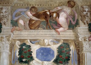 Putti com um galgo, festões de frutas e mascarões de Giambattista Zelotti