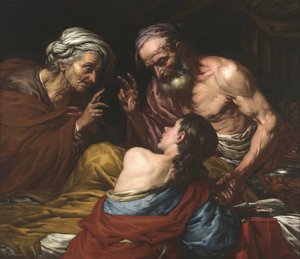 Isaac benit Jacob - Isaac abençoando Jacob, por Langetti, Giovan Battista (1635-1676). Óleo sobre tela, Entre 1660 e 1670. Dimensões: 109x126 cm. Muzeul National Brukenthal, Sibiu