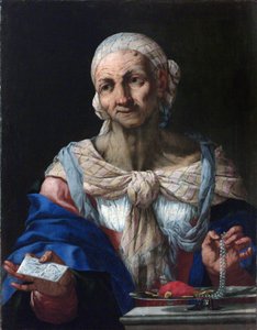 Vieille femme avec un collier de perles et une lettre (vanite) - Velha Mulher com Colar de Pérolas e Carta (Vanitas) - Giovan Battista Langetti (1635-1676). Óleo sobre tela, ca. 1663. Galeria Nacional, Praga