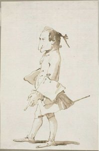 Caricatura de um homem, de corpo inteiro, virado para a esquerda