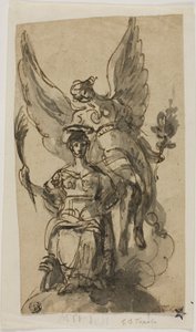 Mulher sentada coroada por anjo de Giambattista Tiepolo
