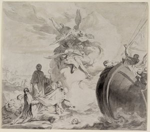A Cabeça de São Torpe salva por Anjos e restaurada ao Arcebispo Frederico (cinza lavada sobre giz preto sobre papel) de Giambettino Cignaroli