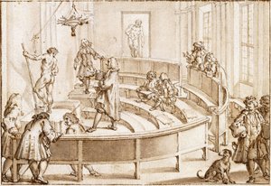 A Academia Clementina, Bolonha, com um nu sendo posicionado pelo mestre de desenho, o Hércules Farnese ao fundo (giz preto, caneta e tinta castanha com aguada castanha) de Giampietro Zanotti