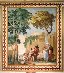 Família camponesa na mesa, da sala de cenas rústicas, na Foresteria (Guesthouse) 1757 de Giovanni Domenico Tiepolo