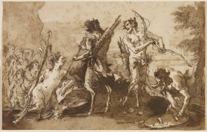 Sátiros e Satyresses em uma paisagem, c.1770 (caneta e tinta de fel de ferro com lavagens marrons e cinzas sobre papel) de Giovanni Domenico Tiepolo