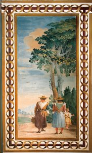Três camponeses vistos de trás, da sala de cenas rústicas, na Foresteria, 1757 de Giovanni Domenico Tiepolo