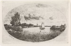 Vista do rio com um veleiro de Gijsbertus Johannes Verspuy
