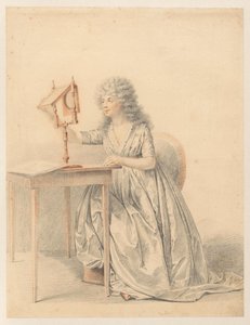 Estudo figurativo de uma mulher sentada segurando um espelho óptico de Gijsbertus Johannus van den Berg