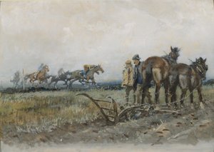 Cavalos de corrida no exercício assistido por lavradores (wc e guache a bordo)