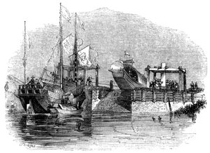 Barco desenhado sobre uma eclusa ou trava em um canal, 1847