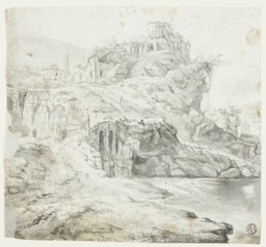 Promontório rochoso com ruínas e cascatas (frente); esboço de falésia com edifícios (verso) de Giles Edme Petit