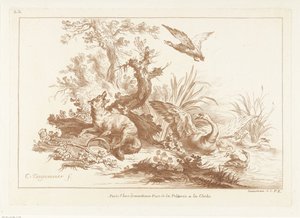 Raposa com pata em armadilha e cisne voador e patos perto da água de Gilles Demarteau