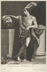 Davi de pé com as pernas cruzadas e segurando a cabeça de Golias em um pedestal a l..., ca. 1635-45.