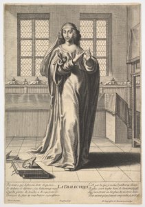 Dialética: uma jovem de pé em um interior decorado e tocando seu índice direito ..., 1633-35. de Gilles Rousselet