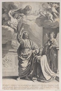 Santa Teresa rezando ao lado de Cristo, que aponta para Deus o Pai e o ..., 1635-1700. de Gilles Rousselet