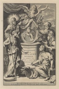 Figuras bíblicas revelam o retrato de Moisés
Página de título de Wilhelmus Goeree, Voor-bereidselen tot de bybelsche wysheid, en gebruik der heilige en kerklijke historien, 1690 de Gilliam van der Gouwen